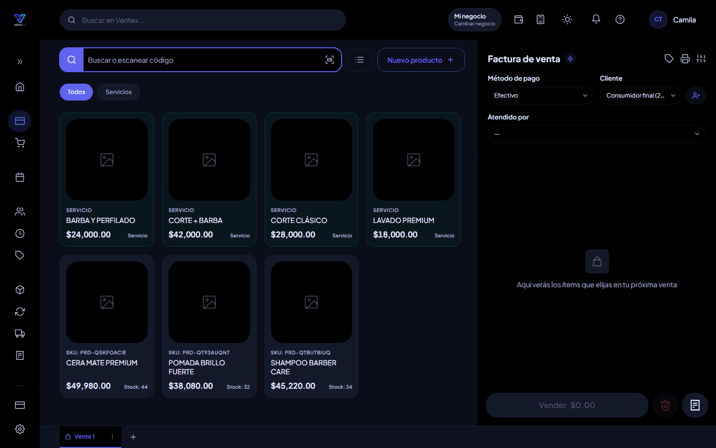 Punto de venta de Ventex con catálogo y factura