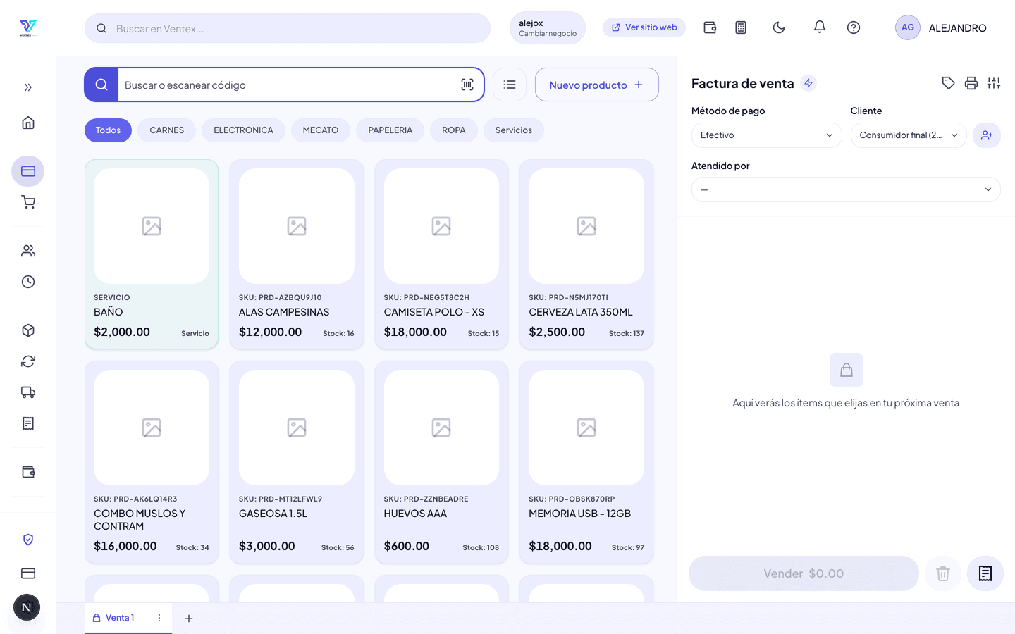 Punto de venta de Ventex con catálogo y factura
